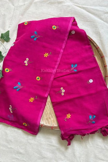 Multicolor Embroidery Mul Cotton Saree – Pink - KS093