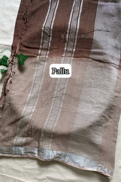 Hand Embroidered Linen Cotton Saree- Chocolate- KS084