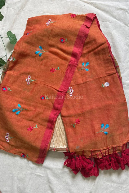Multicolor Embroidery Mul Cotton Saree – Orange - KS094