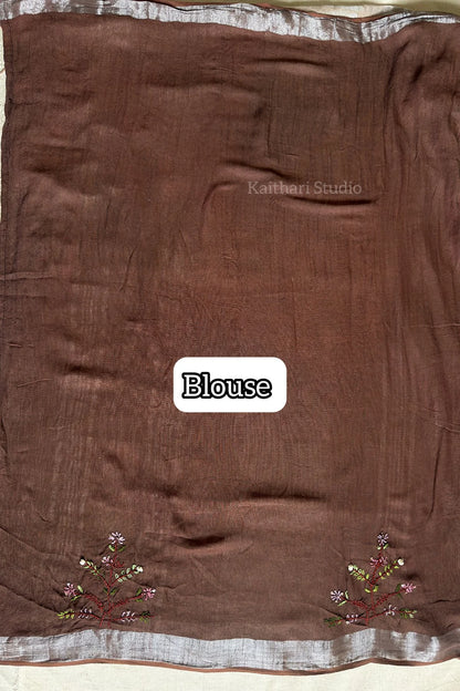 Hand Embroidered Linen Cotton Saree- Chocolate- KS084