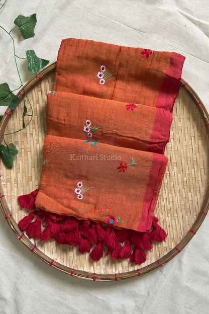 Multicolor Embroidery Mul Cotton Saree – Orange - KS094