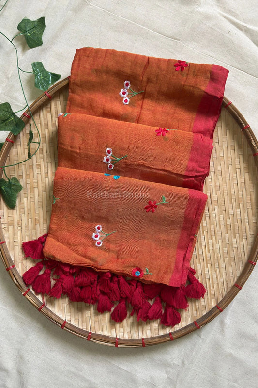 Multicolor Embroidery Mul Cotton Saree – Orange - KS094