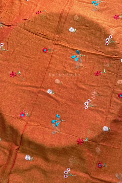 Multicolor Embroidery Mul Cotton Saree – Orange - KS094