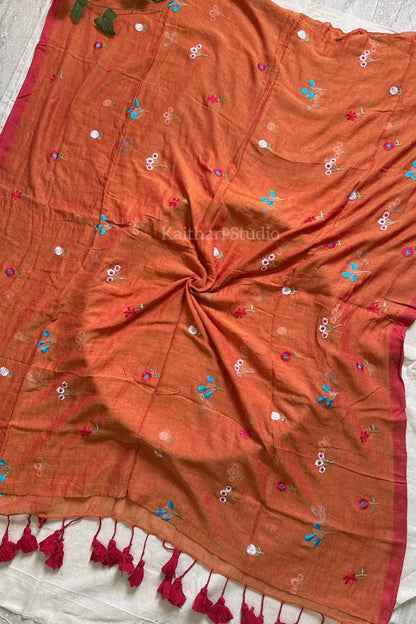 Multicolor Embroidery Mul Cotton Saree – Orange - KS094