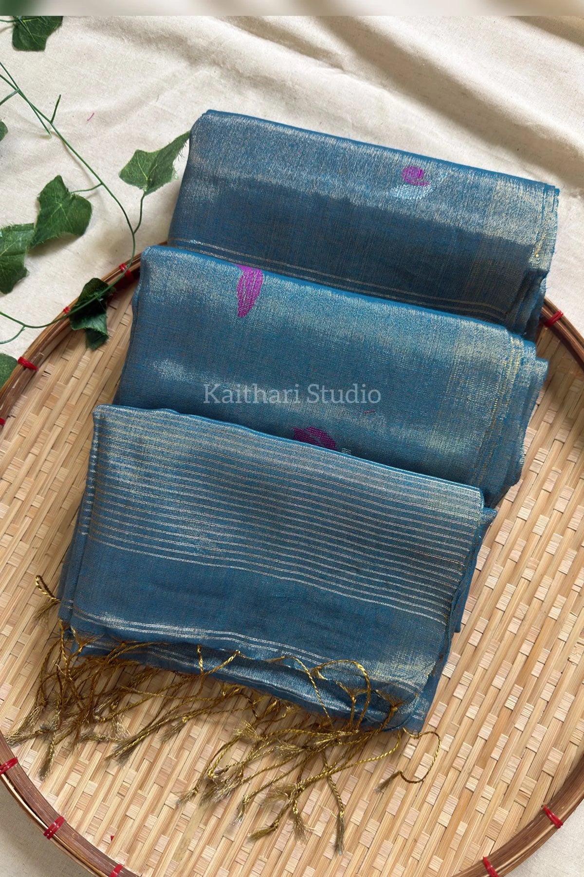 Handloom Tulip Linen Zari Saree - Blue - KS105