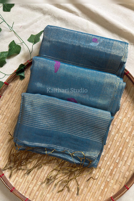 Handloom Tulip Linen Zari Saree - Blue - KS105