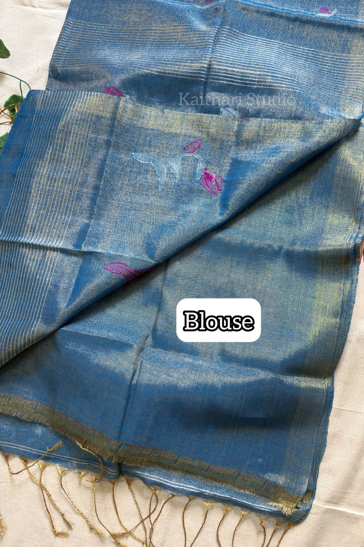 Handloom Tulip Linen Zari Saree - Blue - KS105