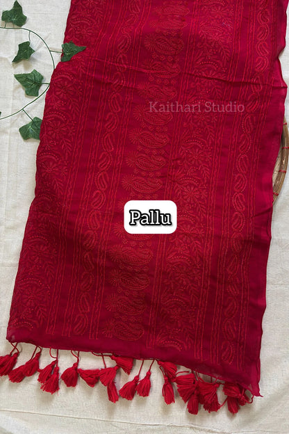 Chikankari Embroidery Mul Cotton Saree - Red -KS097