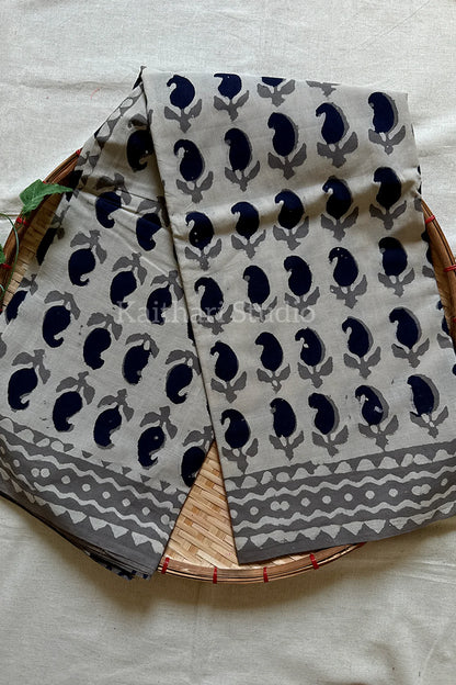 Handblock Printed Mul Mul Cotton - Light Ash - KS113