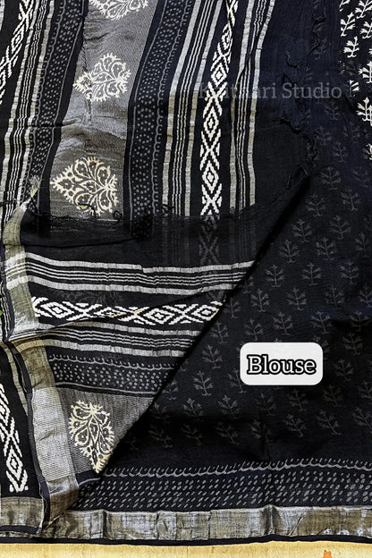 Handblock Printed Linen Cotton - Black - KS116