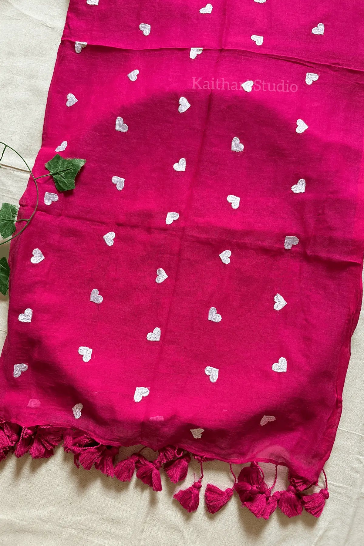 Heart Embroidery Mul Cotton Sarees - Dark Pink- KS043