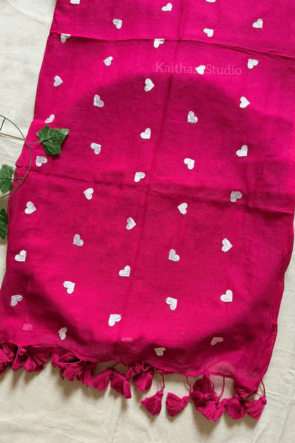 Heart Embroidery Mul Cotton Sarees - Dark Pink- KS043
