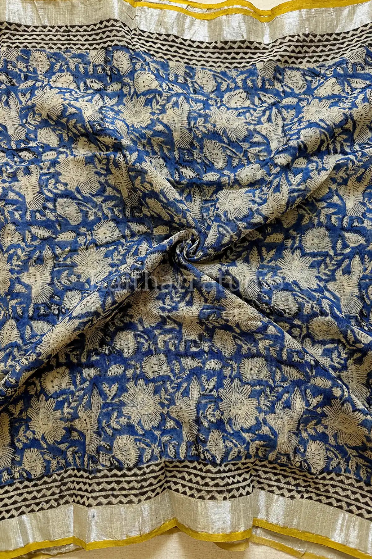 Handblock Printed Linen Cotton - Blue with Sandal - KS117