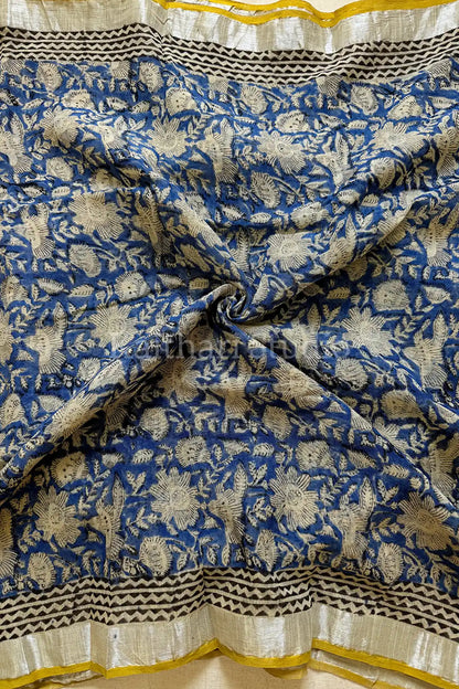 Handblock Printed Linen Cotton - Blue with Sandal - KS117
