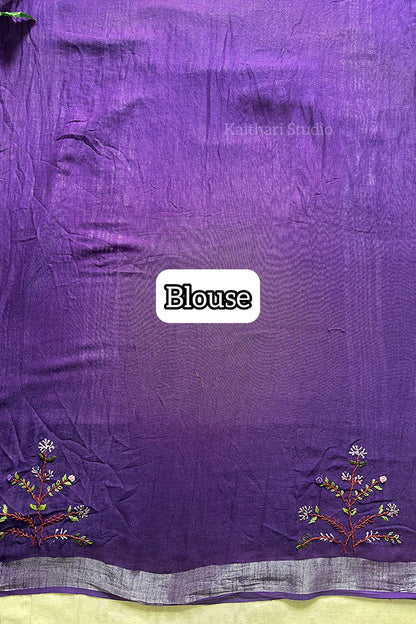 Hand Embroidered Linen Cotton Saree- Lavender - KS082
