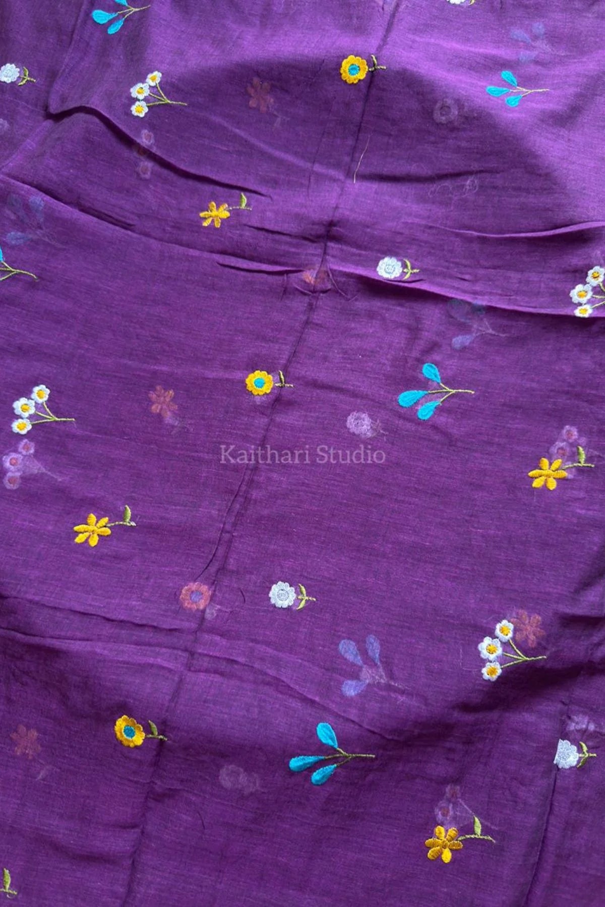 Multicolor Embroidery Mul Cotton Saree – Violet - KS091