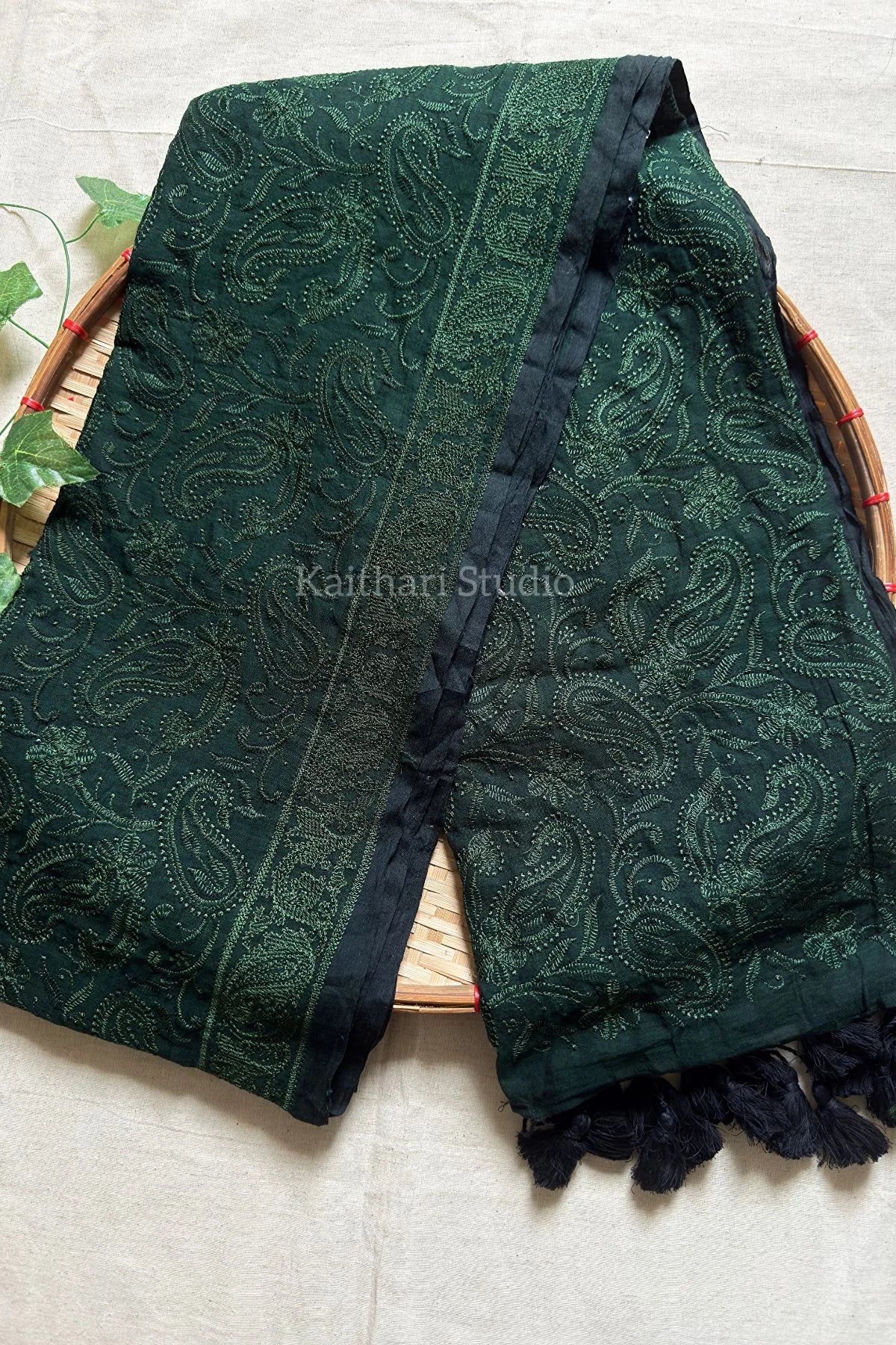 Chikankari Embroidery Mul Cotton Saree - Dark Green - KS099