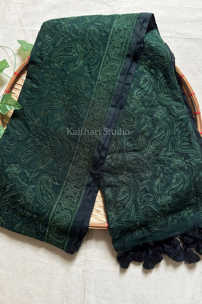 Chikankari Embroidery Mul Cotton Saree - Dark Green - KS099