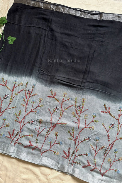 Hand Embroidered Linen Cotton Saree- Black - KS083