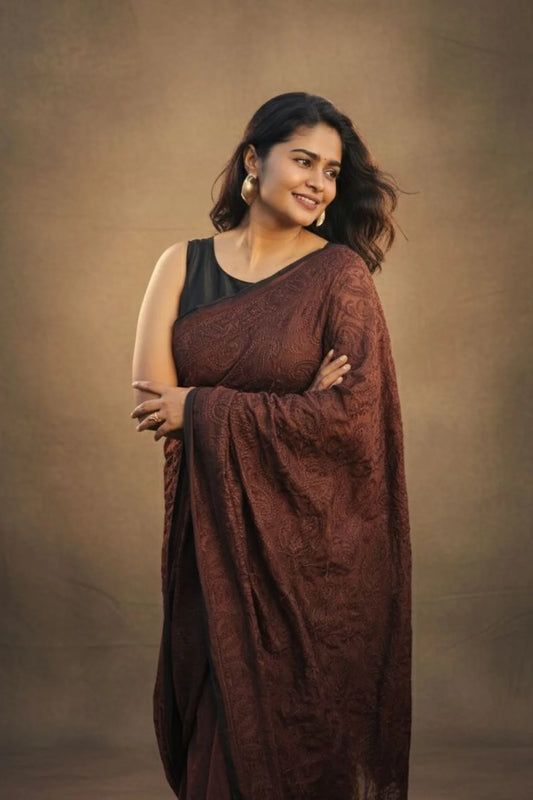 Chikankari Embroidery Mul Cotton Saree - Brown - KS098