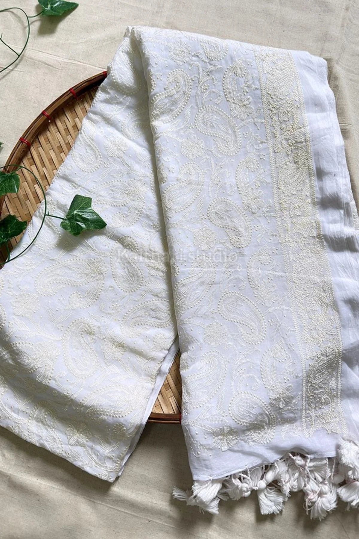 Chikankari Embroidery Mul Cotton Saree - Cream White - KS100