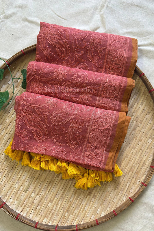 Chikankari Embroidery Mul Cotton Saree - Peach - KS101