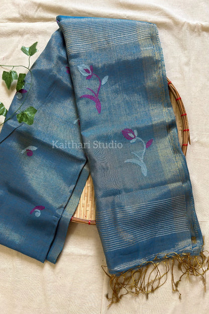 Handloom Tulip Linen Zari Saree - Blue - KS105