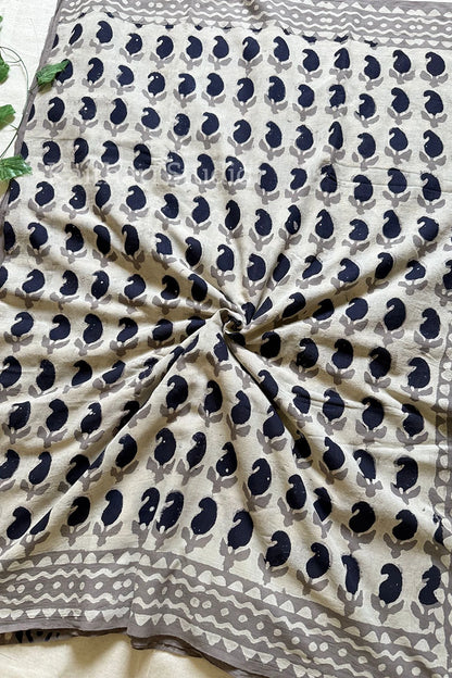 Handblock Printed Mul Mul Cotton - Light Ash - KS113