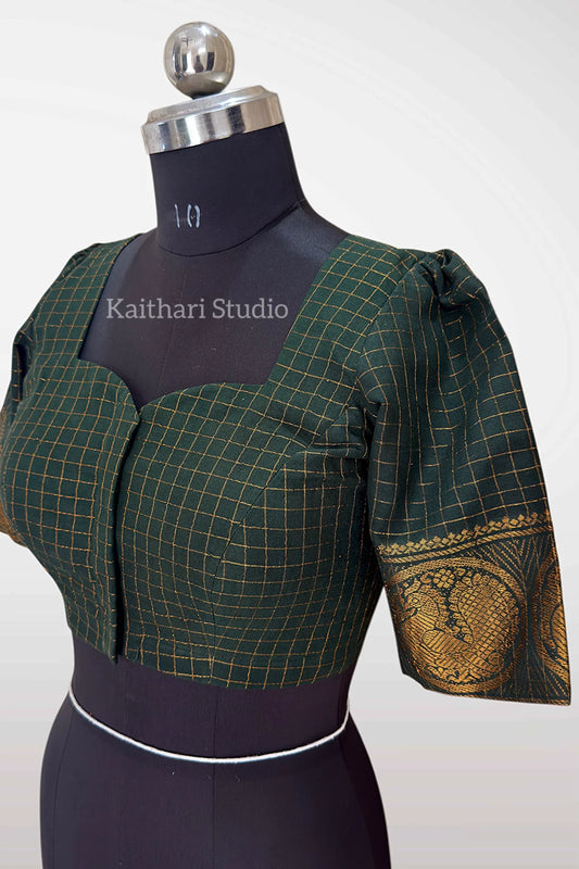 Sungudi Cotton Readymade Blouse – Bottle Green - KS151