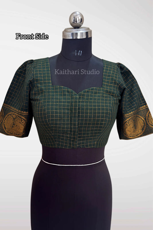 Sungudi Cotton Readymade Blouse – Bottle Green - KS151