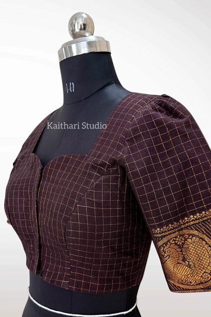 Sungudi Cotton Readymade Blouse – Deep Coffee - KS148