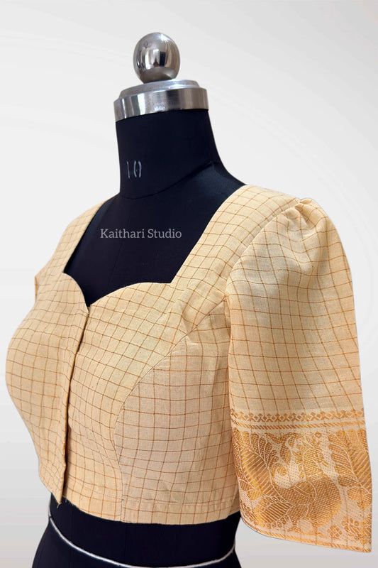 Sungudi Cotton Readymade Blouse – Sandal /Off White - KS147