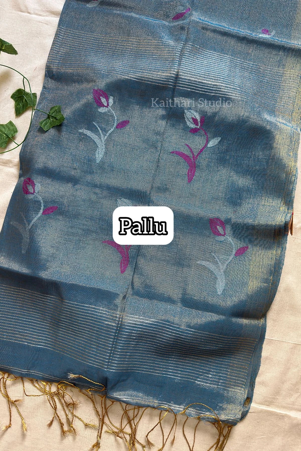 Handloom Tulip Linen Zari Saree - Blue - KS105