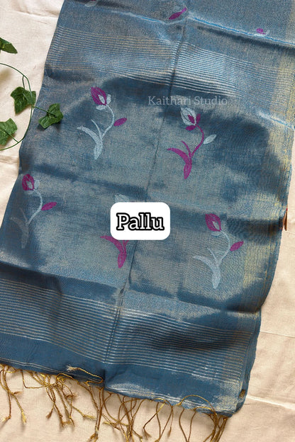 Handloom Tulip Linen Zari Saree - Blue - KS105