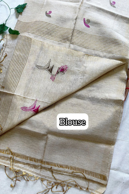 Handloom Tulip Linen Zari Saree - Sandal - KS107