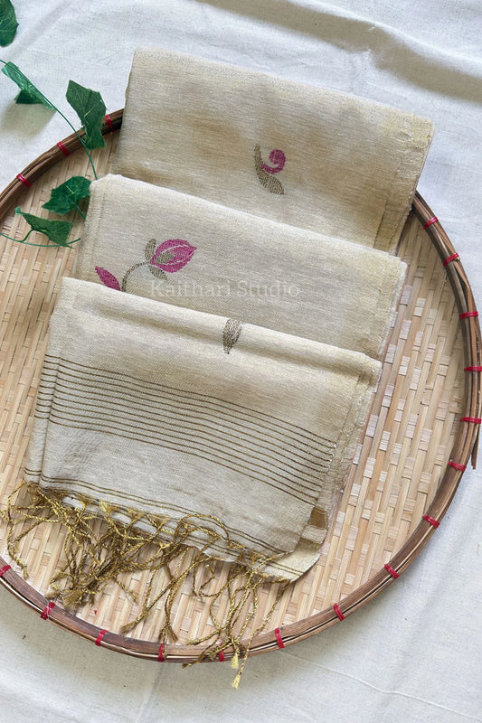 Handloom Tulip Linen Zari Saree - Sandal - KS107