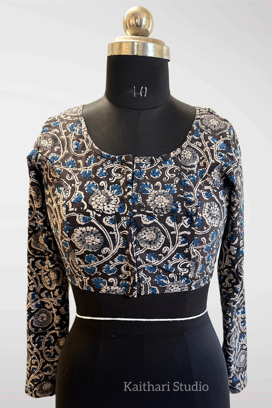 Kalamkari Handblock Printed Stretchable Readymade Blouse - Blue KS142