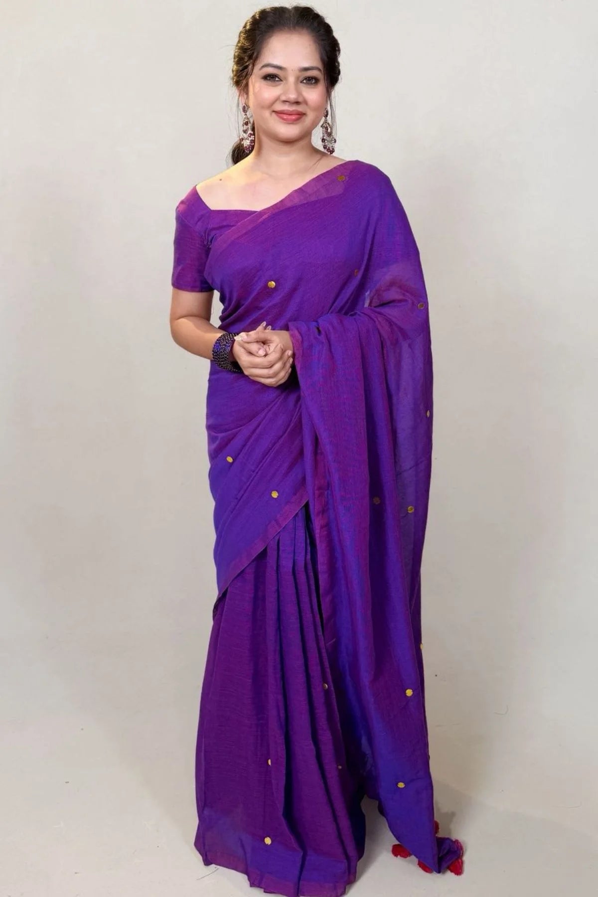 Soft Cotton Sarees with Sequins - Purple - KS039