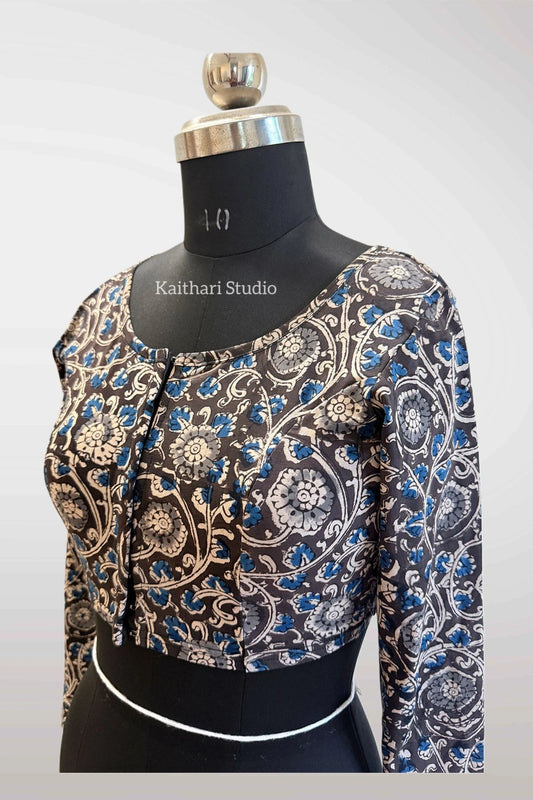 Kalamkari Handblock Printed Stretchable Readymade Blouse - Blue KS142