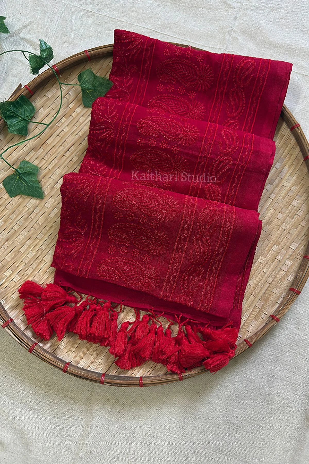 Chikankari Embroidery Mul Cotton Saree - Red -KS097