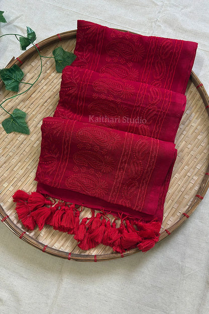 Chikankari Embroidery Mul Cotton Saree - Red -KS097