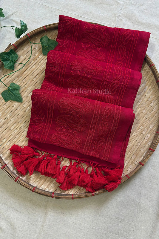 Chikankari Embroidery Mul Cotton Saree - Red -KS097