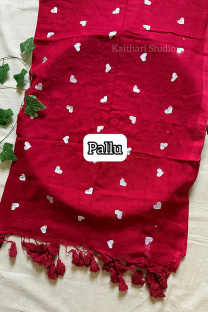 Heart Embroidery Mul Cotton Sarees - Red- KS044