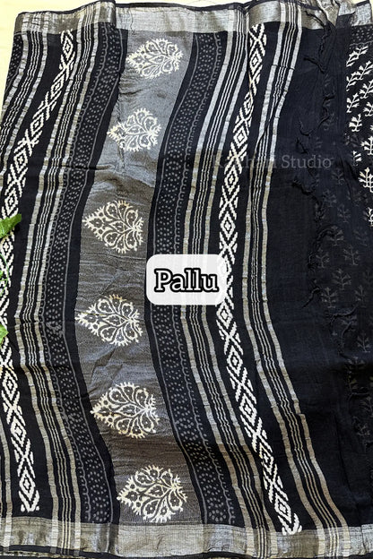 Handblock Printed Linen Cotton - Black - KS116