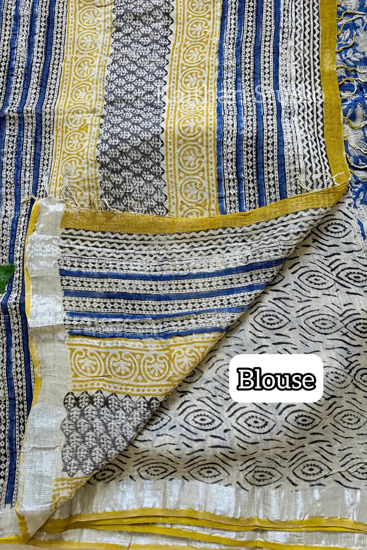 Handblock Printed Linen Cotton - Blue with Sandal - KS117