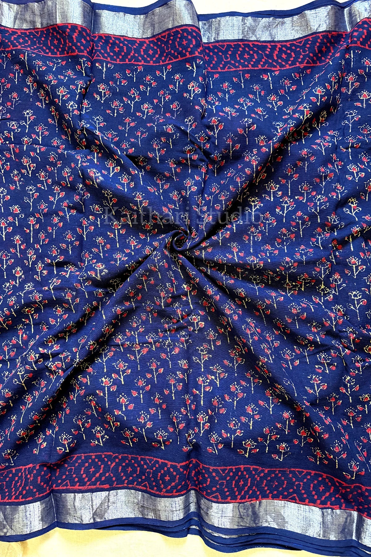 Handblock Printed Linen Cotton - Deep Blue KS119