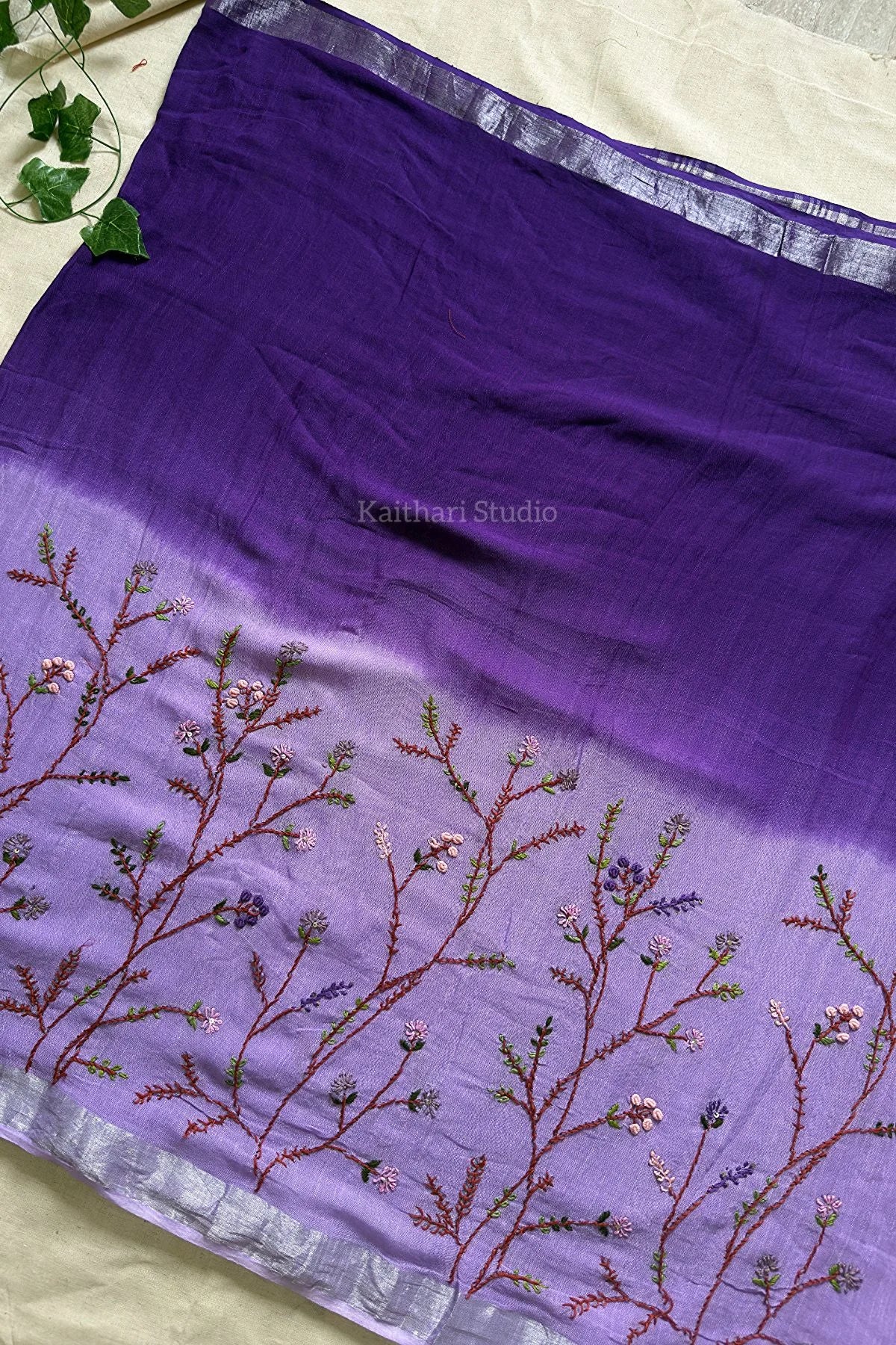 Hand Embroidered Linen Cotton Saree- Lavender - KS082