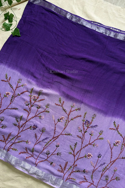 Hand Embroidered Linen Cotton Saree- Lavender - KS082