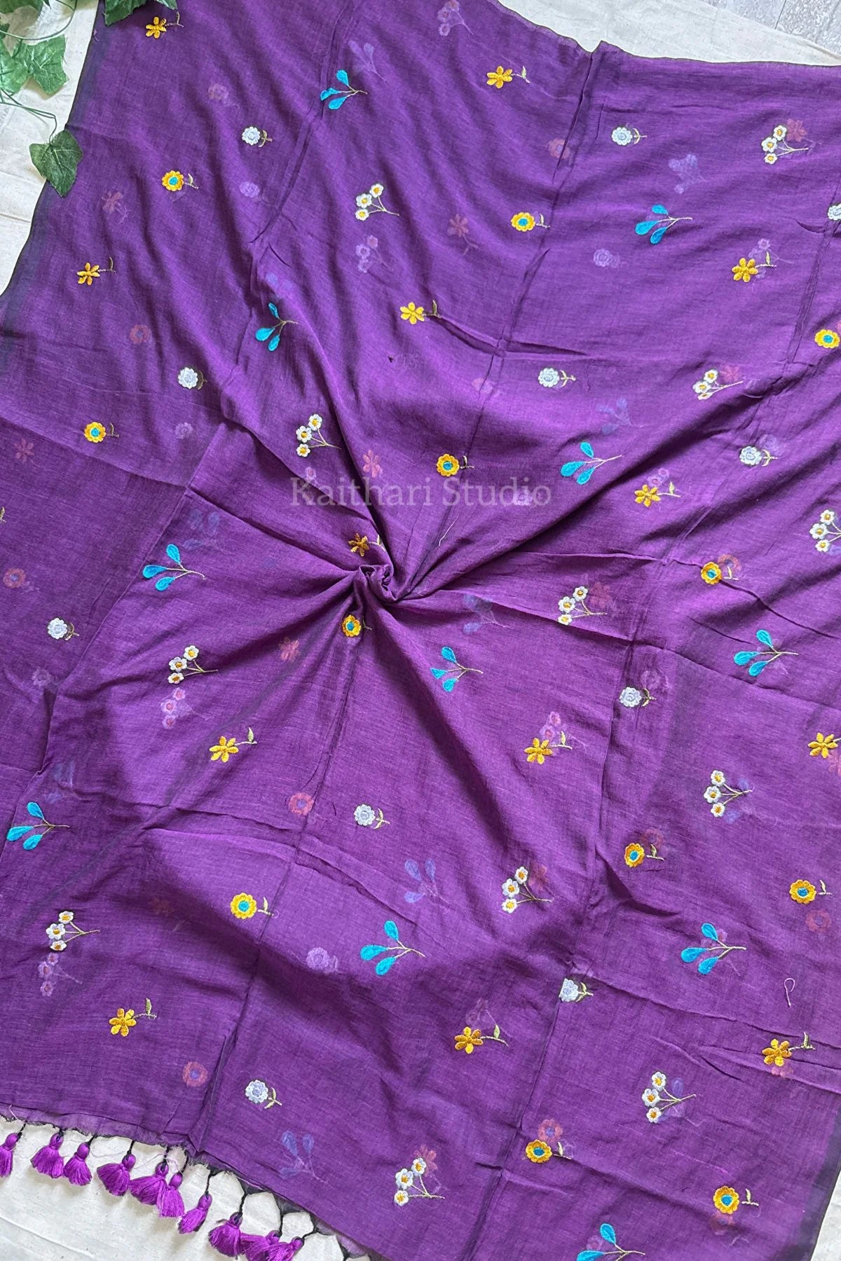 Multicolor Embroidery Mul Cotton Saree – Violet - KS091