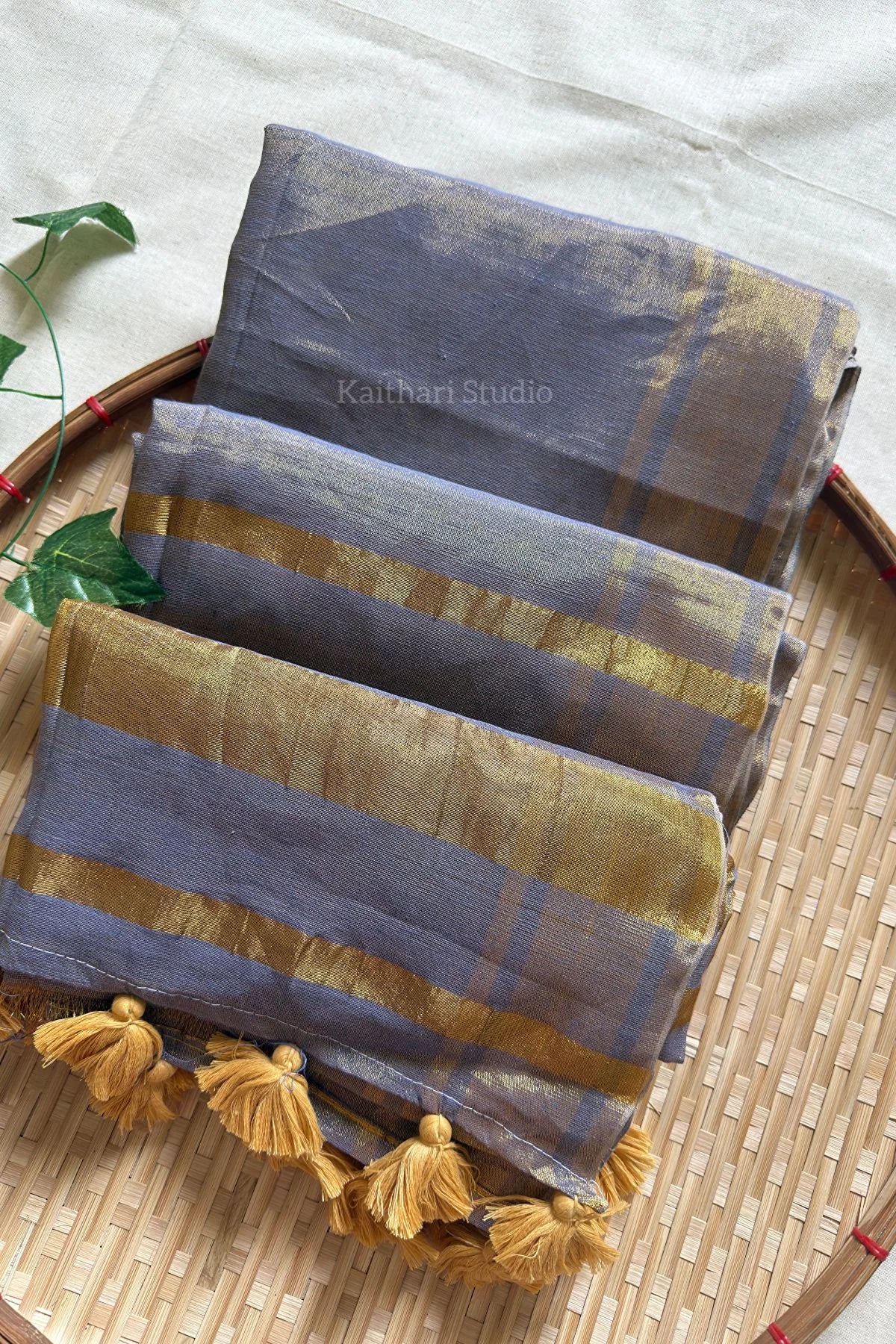 Linen Zari Tissue Saree – Ash – KS086